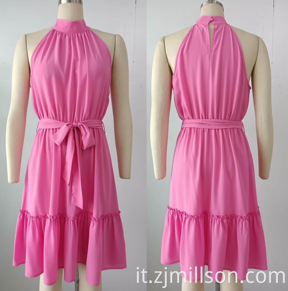 Woven Pink Sleeveless Belt Ruffles Dress